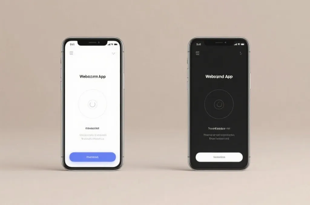 Two minimalist smartphone mockups on a neutral background showing a comparison between web and app interface