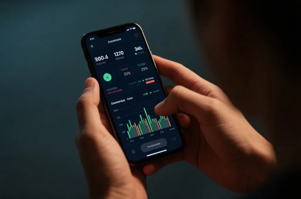 A close up of hands holding a smartphone displaying real-time sports statistics and charts, smooth dark mode UI, soft lighting